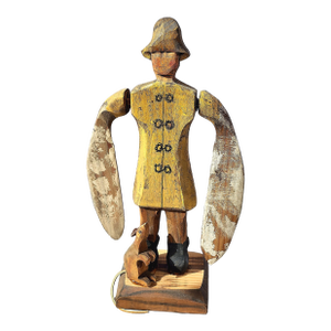 17" Antique Folk Art Sailor in Slicker- Paddle Arm Whirligig & Ship's Pet Rat