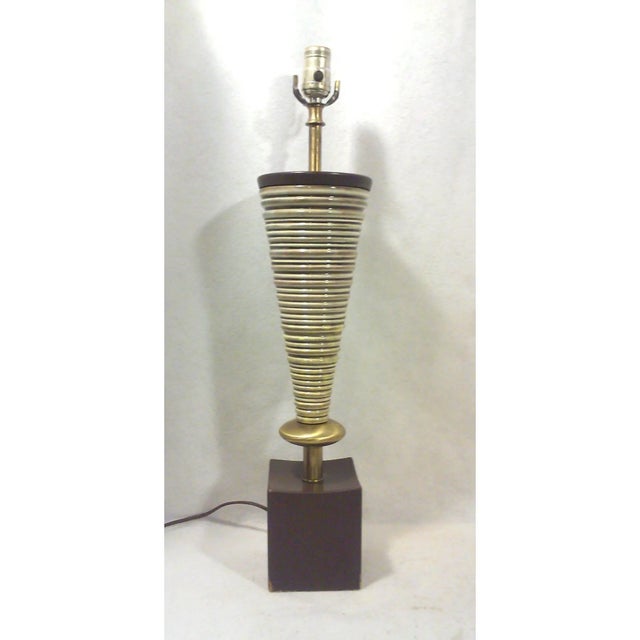 A vintage Rembrandt Lamp Company ceramic table lamp in a tapered, conical form in brown and white ribbed ceramic with...