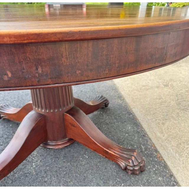 Antique 54" Round Mahogany Pedestal Base Dining Table With 4 Leaves For Sale - Image 13 of 16