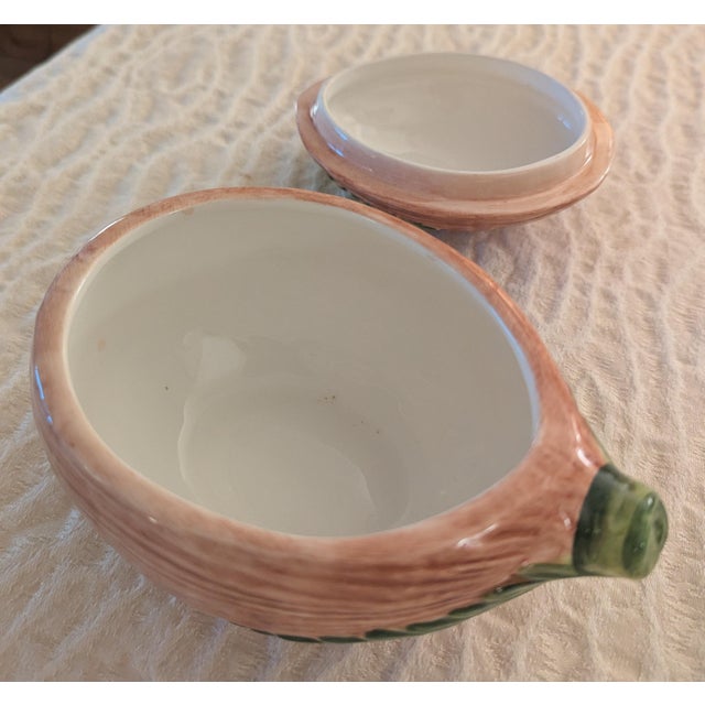 Ceramic "Set of 8 Vietri Italy Faux Bois Coconut Lidded Boxes, Fern Leaf, Palm Beach" For Sale - Image 7 of 11
