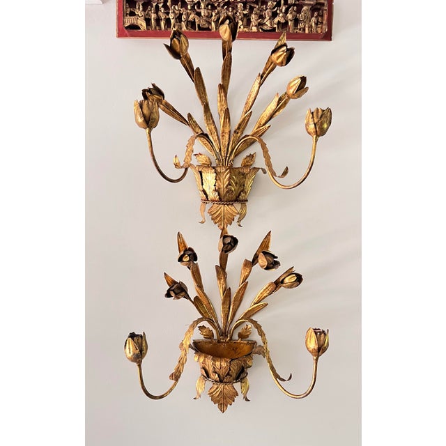 1960s Pair of Italian Gilt Tole Candle Sconces For Sale - Image 10 of 10