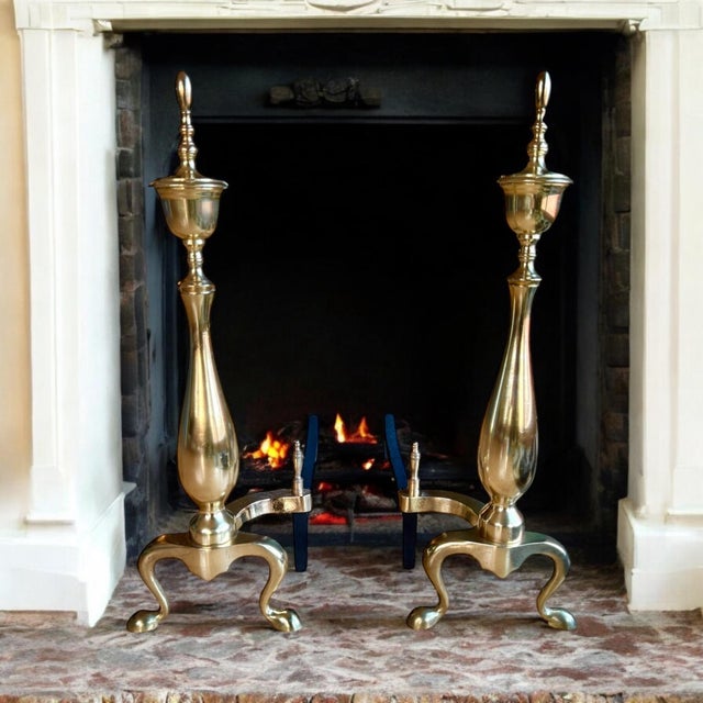 Restored Chippendale Style Vintage Brass Andirons- A Pair For Sale - Image 9 of 9