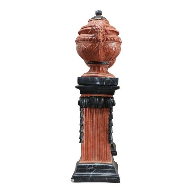 Pair Neoclassical Figural & Foliate Terra Cotta Garden Urns & Pedestals For Sale - Image 9 of 12