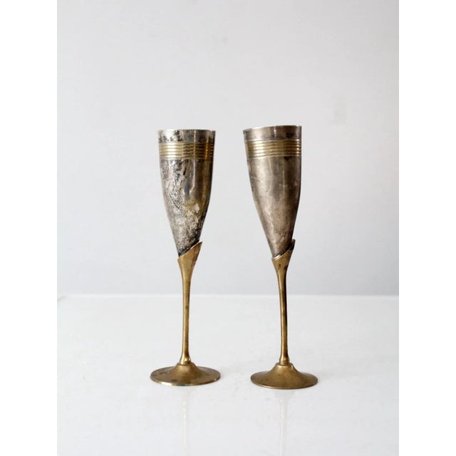 Vintage Brass & Silver Plated Champagne Flutes Pair For Sale - Image 4 of 11