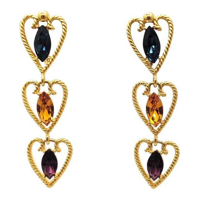 Vintage 1995 Signed Napier Faux-Sapphire, Citrine & Amethyst Chandelier Clip Earrings - 2 Pieces For Sale
