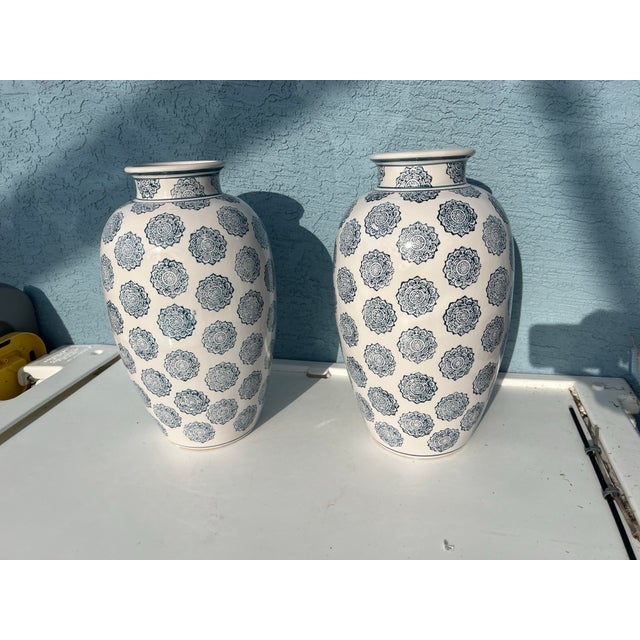 Pair of Tall Vases With Blue Floral Medalions-2 For Sale In West Palm - Image 6 of 6