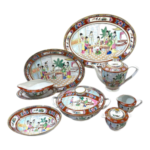 Vintage Famille Rose Mandarin Chinoiserie Porcelain Serving Pieces Set of 8