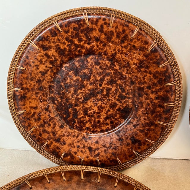 Late 20th Century Vintage Faux Tortoise Shell Plate Chargers With Wicker Rim - Set of 4 For Sale - Image 5 of 10