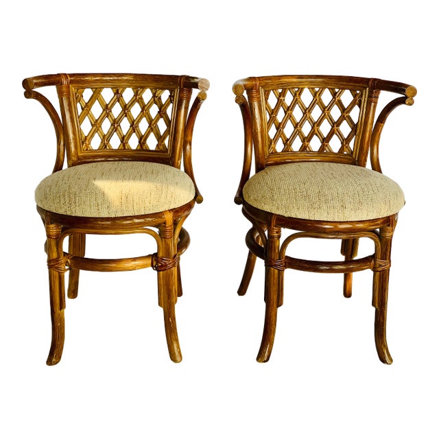 1970’s Palm Beach, Coastal Vintage Lattice Back Rattan Bamboo Wicker Cane Horseshoe Chairs With Original Upholstery - A Pair For Sale