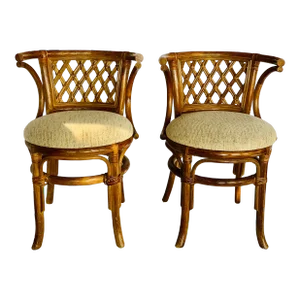 1970’s Palm Beach, Coastal Vintage Lattice Back Rattan Bamboo Wicker Cane Horseshoe Chairs With Original Upholstery - A Pair