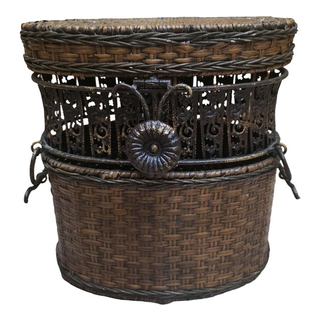 Vintage Woven Rattan & Ornate Metal Storage Basket Chest For Sale