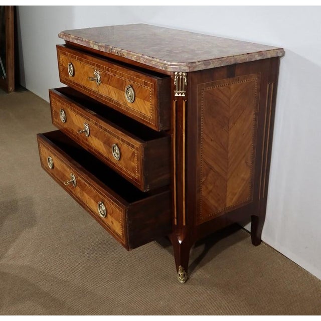 Small 18th Century Louis XVI Chest of Drawers in Precious Wood Marquetry by C-M. Magnien For Sale - Image 4 of 18