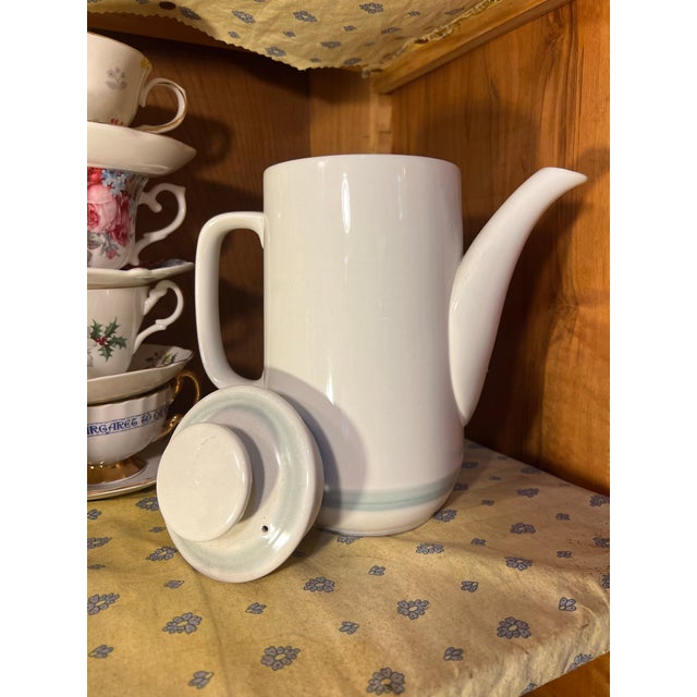 Blue Mist Daniele Coffee Pot with Lid stoneware coffee carafe light blue band light white retro tea pot .This makes...