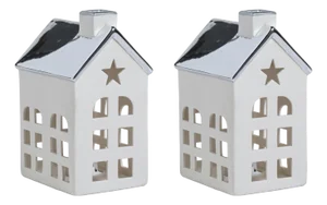 Lilou 2-Piece Set Porcelain LED House with Silver Roof, Large