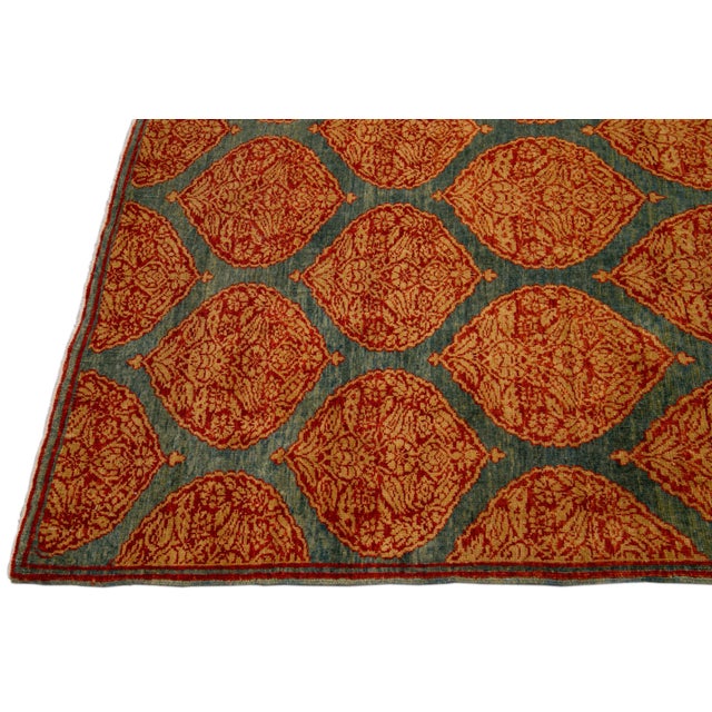 Blue Transitional Sari Silk Handmade Rusted Floral Pattern Designed Runner For Sale - Image 9 of 10