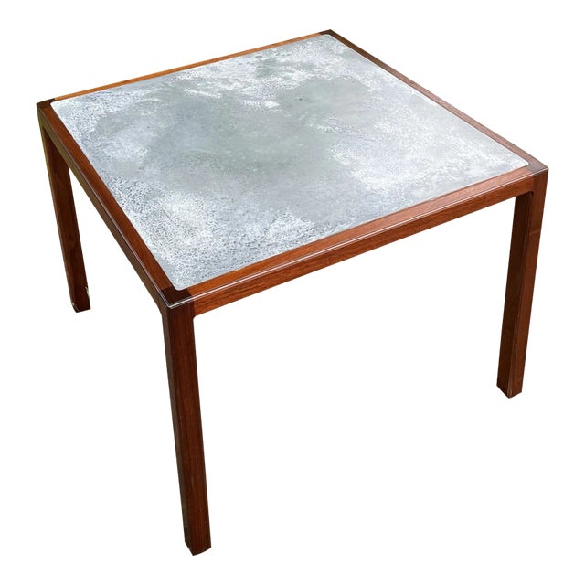 Restored Harry Lunstead Acid Etched Zinc and Walnut Side Table For Sale