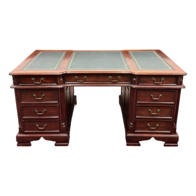 English Chesterfield Desk with Green Leather Top For Sale