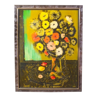 Midcentury Floral Still Life Mixed Media on Board Vase of Zinnias Framed Signed Janss For Sale