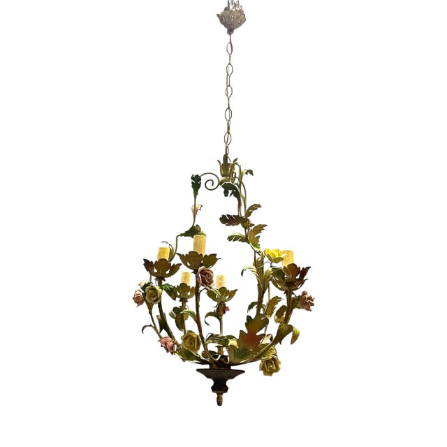 Italian Tole & Ceramic Floral Chandelier, 1960s For Sale