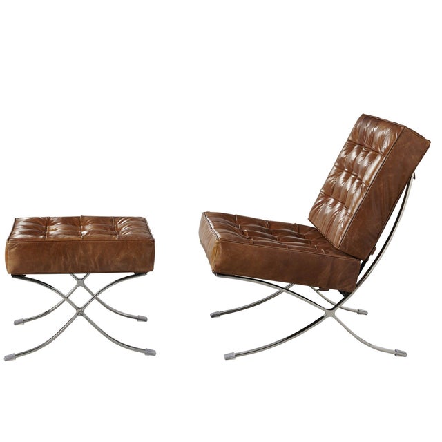 Modern Francisco Modern Curule Style Chair and Ottoman Set - Brown Leather For Sale - Image 3 of 12