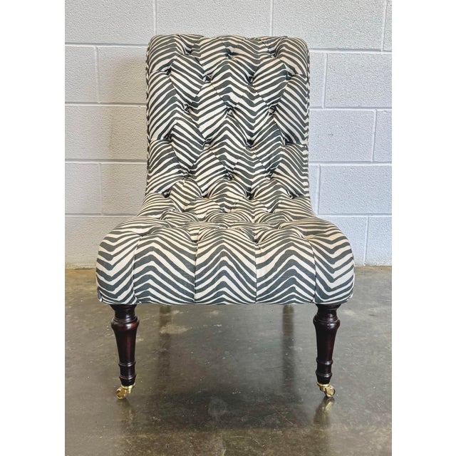 George Smith Brewster Chair in tufted zig zag pattern fabric by Alan Campbell that is a cotton/linen blend.