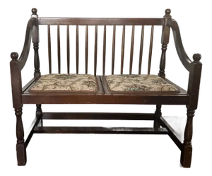 1970s Spindle Back Floral Upholstered Settee Bench