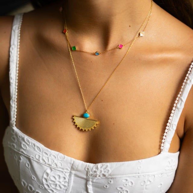 Cleopatra Sunburst Turquoise Gold Necklace For Sale - Image 4 of 10
