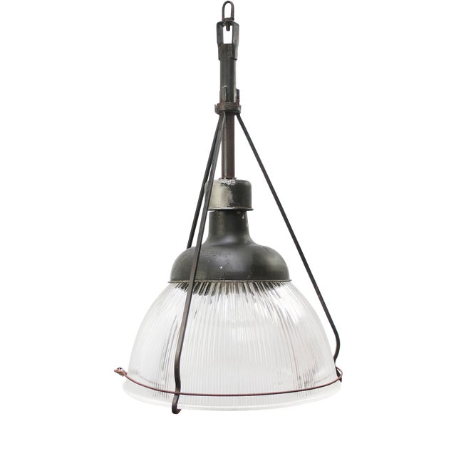 Large Industrial Pendant Light in Clear Pressed Prisma Glass from Holophane For Sale