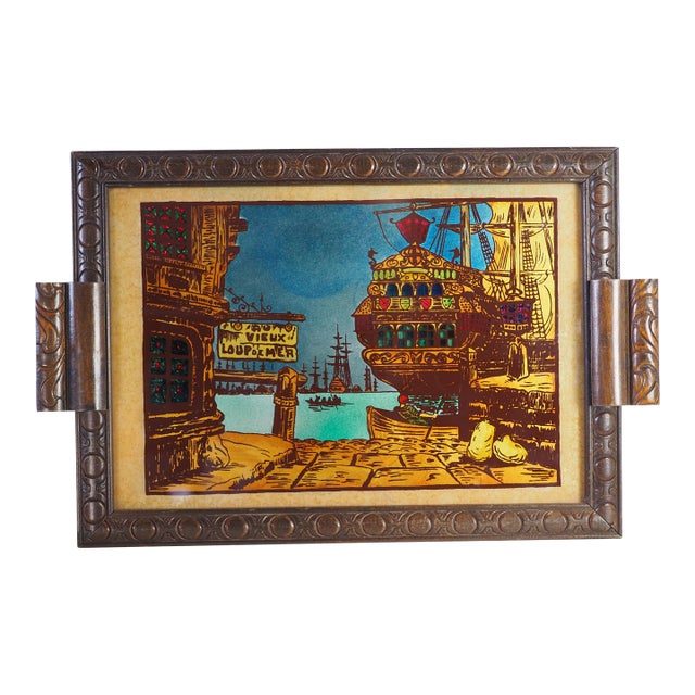 1970s French Au Vieux Loup De Mer Eglomisé Glass Decorative Tray With Pirate Thematic For Sale