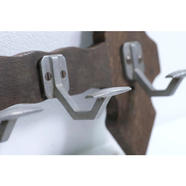 Art Deco Mid 20th Century European Art Deco 5 Aluminum Hooks Rustic Wood Wall Rack For Sale - Image 3 of 5