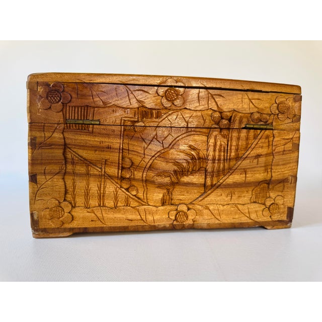 Brown Vintage Chinese Hand Carved Hardwood Jewelry Box Scenic Relief Brass Lock For Sale - Image 8 of 13