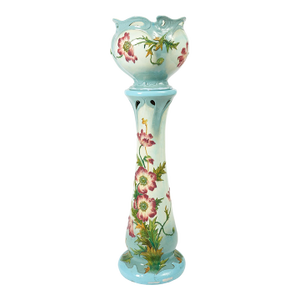 French Art Nouveau Floral-Decorated Majolica Jardiniere With Tall Pedestal