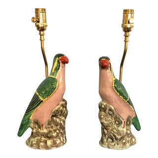 Chinese Porcelain Parrot Lamps - A Pair For Sale