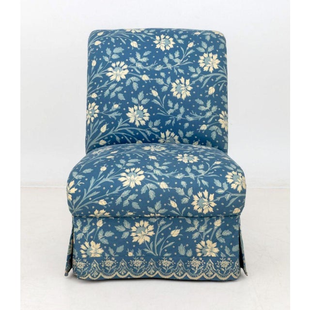 Blue Floral Print Upholstered Chair & Ottoman For Sale - Image 4 of 12