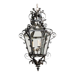 Mid 20th Century French Vintage Wrought Iron Three-Light Lantern With Crown Motif and Scrolls For Sale