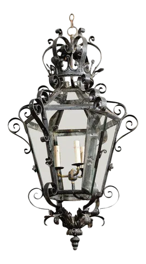 Mid 20th Century French Vintage Wrought Iron Three-Light Lantern With Crown Motif and Scrolls