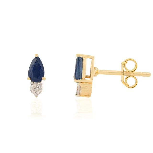 Not Yet Made - Made To Order Pear-Cut Blue Sapphire & Diamond Classic Earrings in 14k Solid Yellow Gold- A Pair For Sale - Image 5 of 11