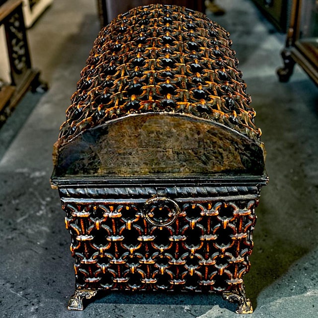 Metal Keepsake Casket Featuring an Intricate Pierced Lattice Design and Dramatic Domed Lid For Sale In Palm Springs - Image 6 of 7