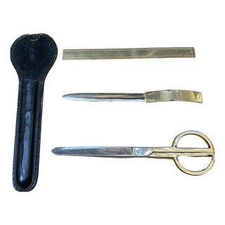 Lancel Steel Desk Set with Leather Case, France, 1960s, Set of 4 For Sale