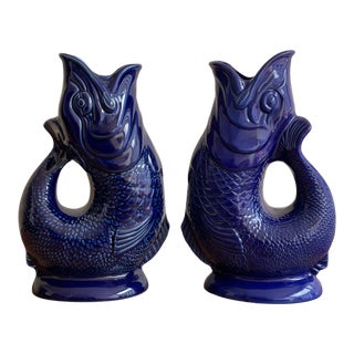 Vintage Wade Ceramics Gluggle Jug Cobalt Blue Fish Pitchers - a Pair For Sale