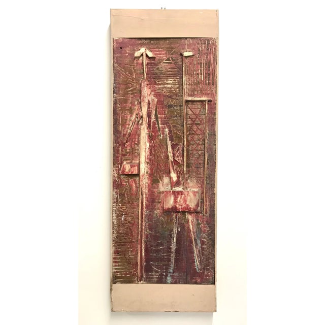 Maroon 1950s Brutalist Assemblage Figural Abstract Painting For Sale - Image 8 of 8