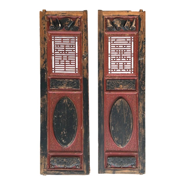 Pair Vintage Chinese Red Black Fujian Style Carving Wood Wall Door Panels For Sale