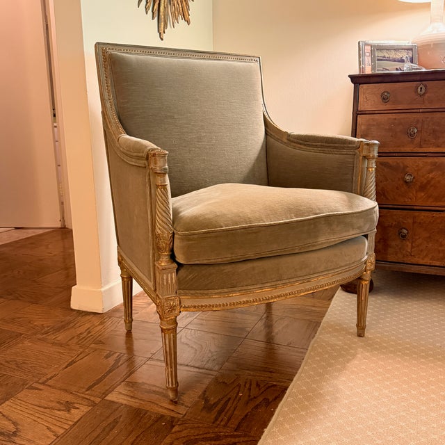 Vintage Velvet Armchair With Green Wash and Gilt Carved Frame For Sale - Image 9 of 9