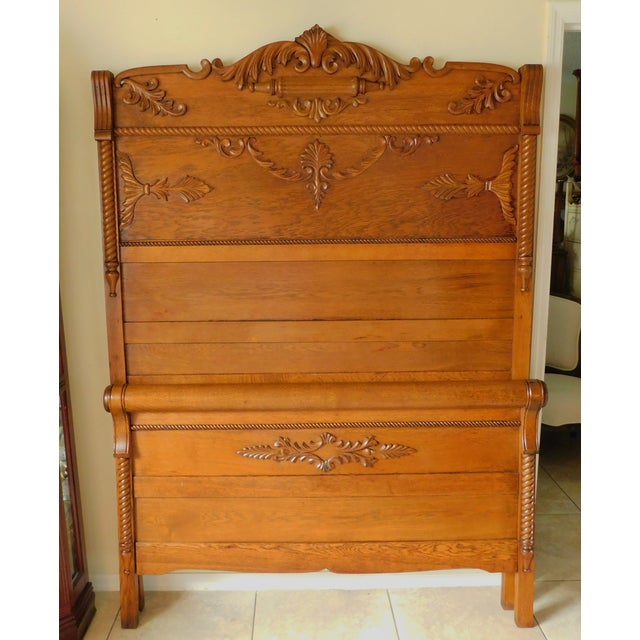Antique C1900 Solid Oak Carved Wood Full Size Headboard and Footboard