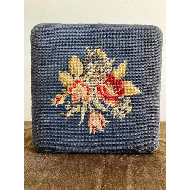 Antique French Country Style Mahogany Footstool With Floral Needlepoint Cushion For Sale - Image 4 of 14
