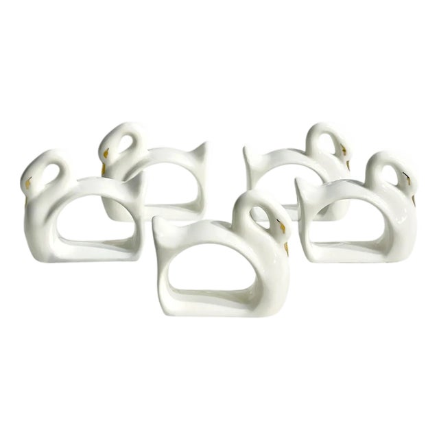 Vintage Mid Century Modern Ceramic Swan Napkin Ring Holders - Set of 5 For Sale