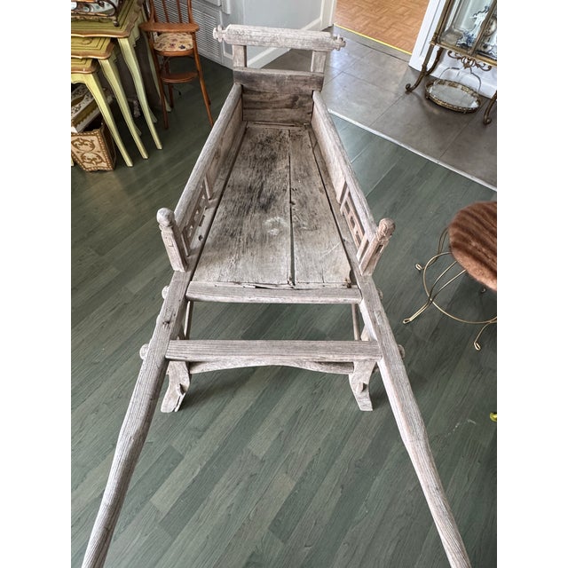 Antique Hand-Carved Wooden Wheelbarrow With Solid Wood Wheel, Chinese Folk Art For Sale - Image 9 of 11
