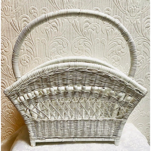1960s Vintage Boho Beaded Wicker Fan Shaped Magazine Rack For Sale - Image 6 of 11