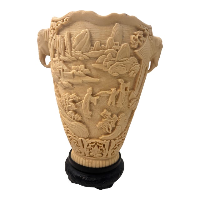 Pair of Carved Composite Elephant Vases on Black Bases For Sale