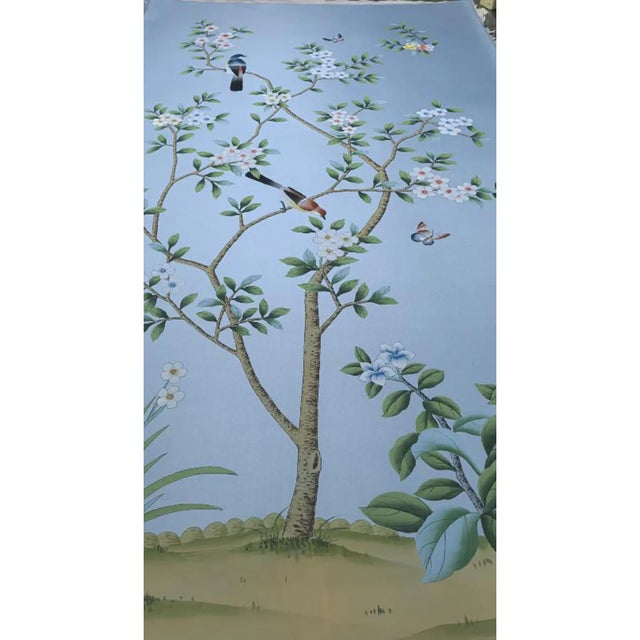 36"*72"/Panel, a Set of 4 Panels Light Blue Chinoiserie Birds and Flowers Artwork (No Frame),Tea Paper For Sale - Image 6 of 11